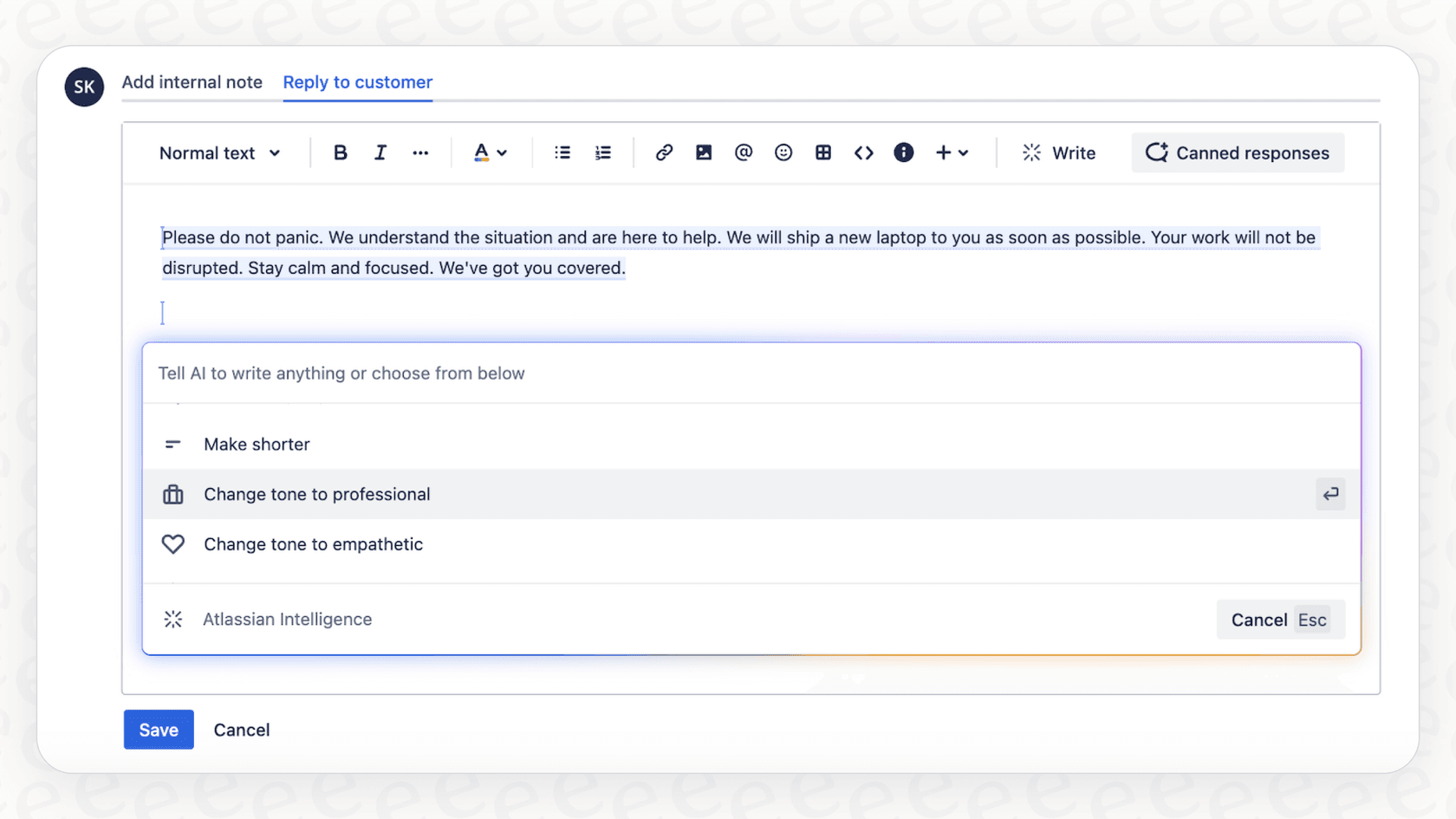 Una captura de pantalla de las herramientas de IA disponibles para el contenido de Confluence relacionado con Atlassian Intelligence, que incluye opciones para ajustar el tono y resumir.