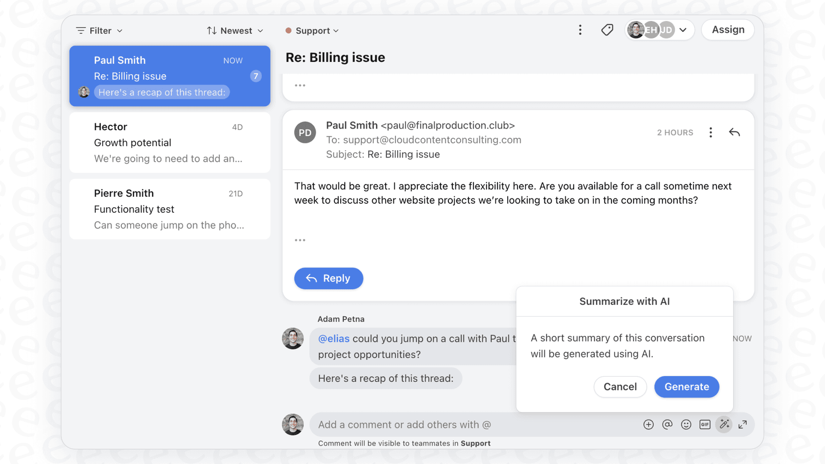 An example of the conversation summary and outline generated by the Front AI Copilot to provide quick context on a support ticket.