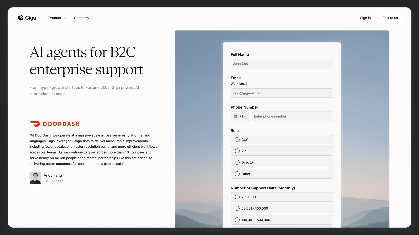 Screenshot of the "Talk To Us" page in GigaML