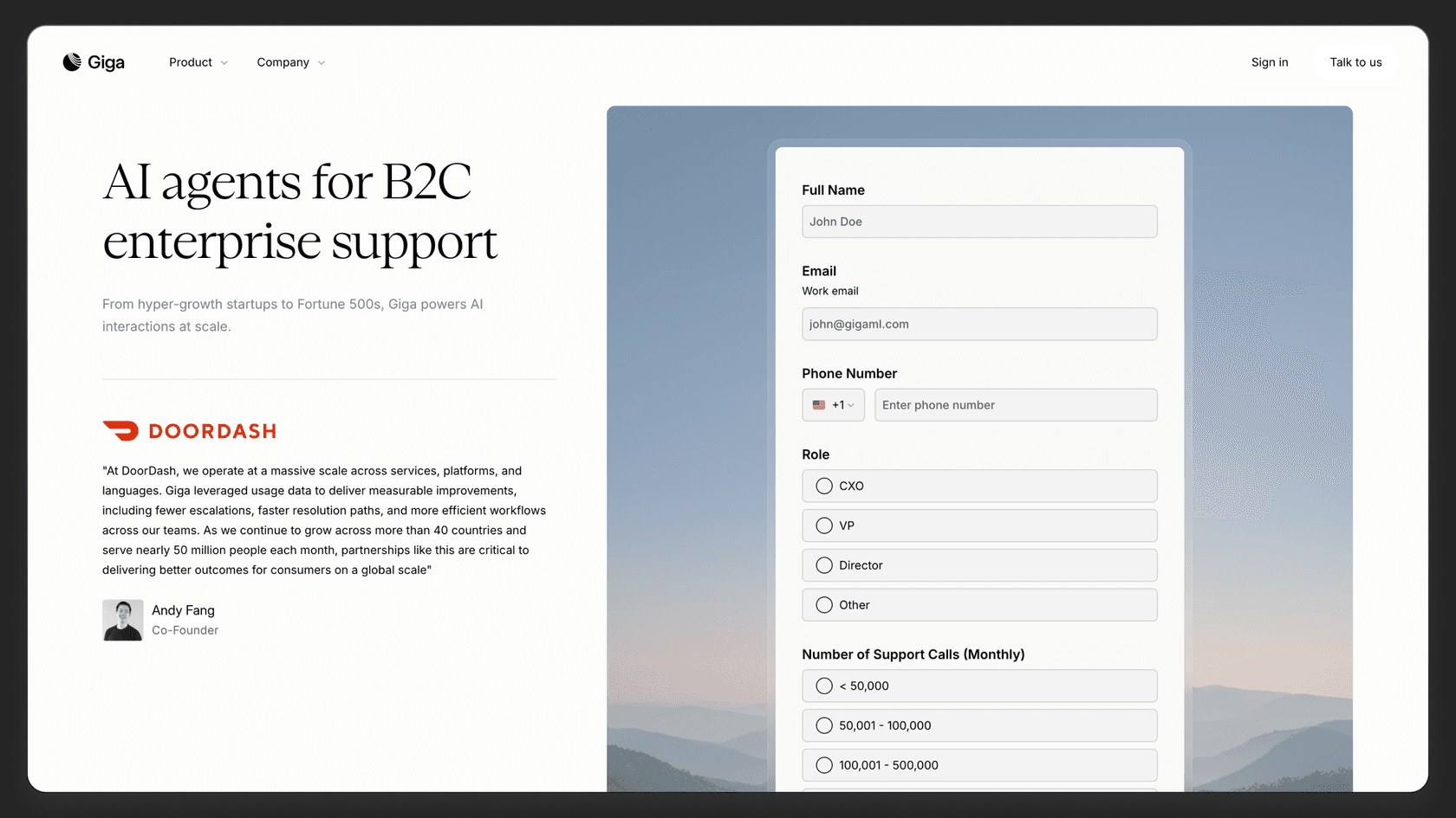 Screenshot of the "Talk To Us" page in GigaML