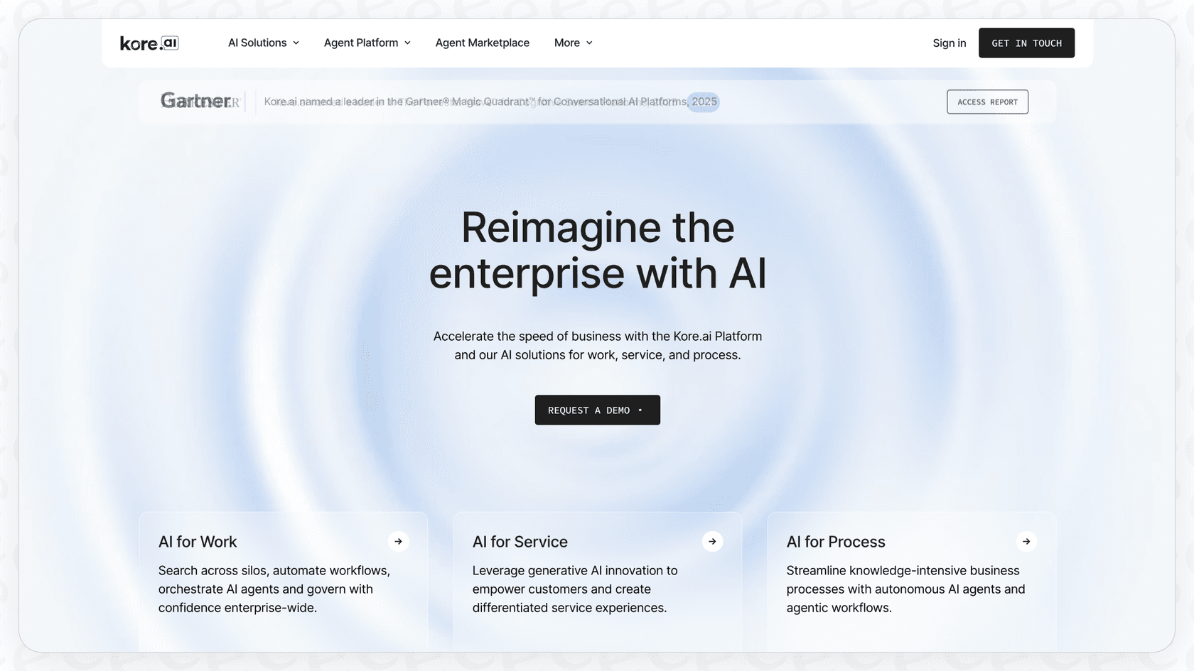 A screenshot of the Kore.ai homepage, which details their conversational AI platform and the high Kore.ai pricing.