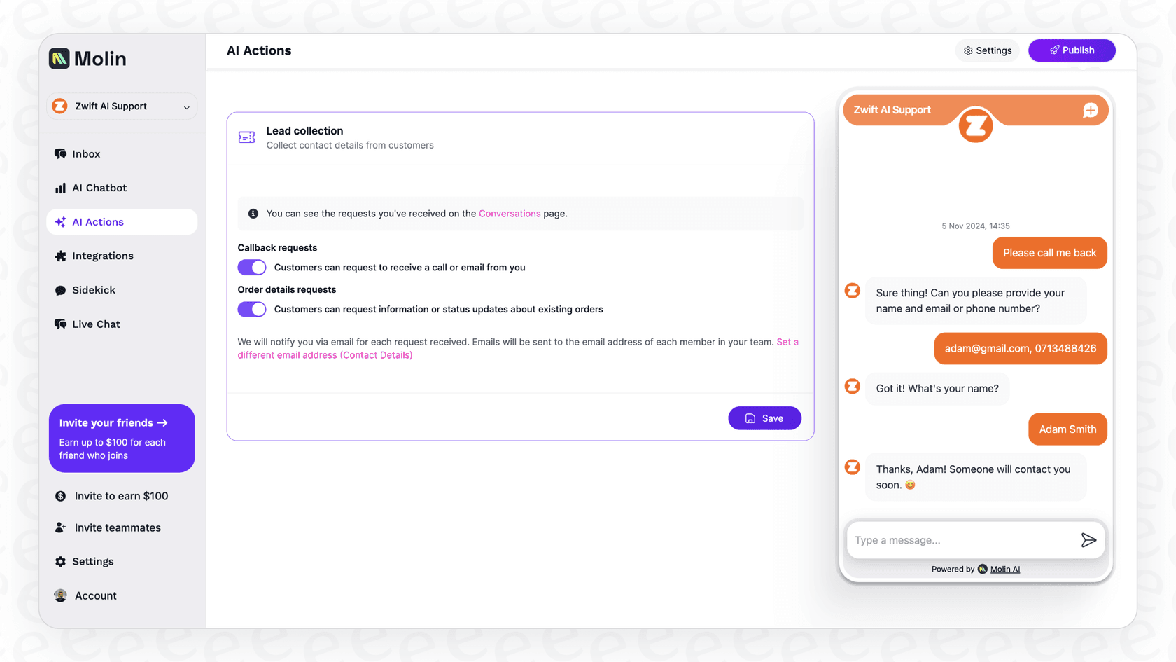 Screenshot of a user setting up AI Actions in Molin.