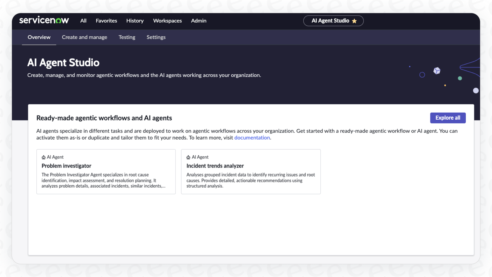 A view of the low-code studio for configuring ServiceNow AI Agents.