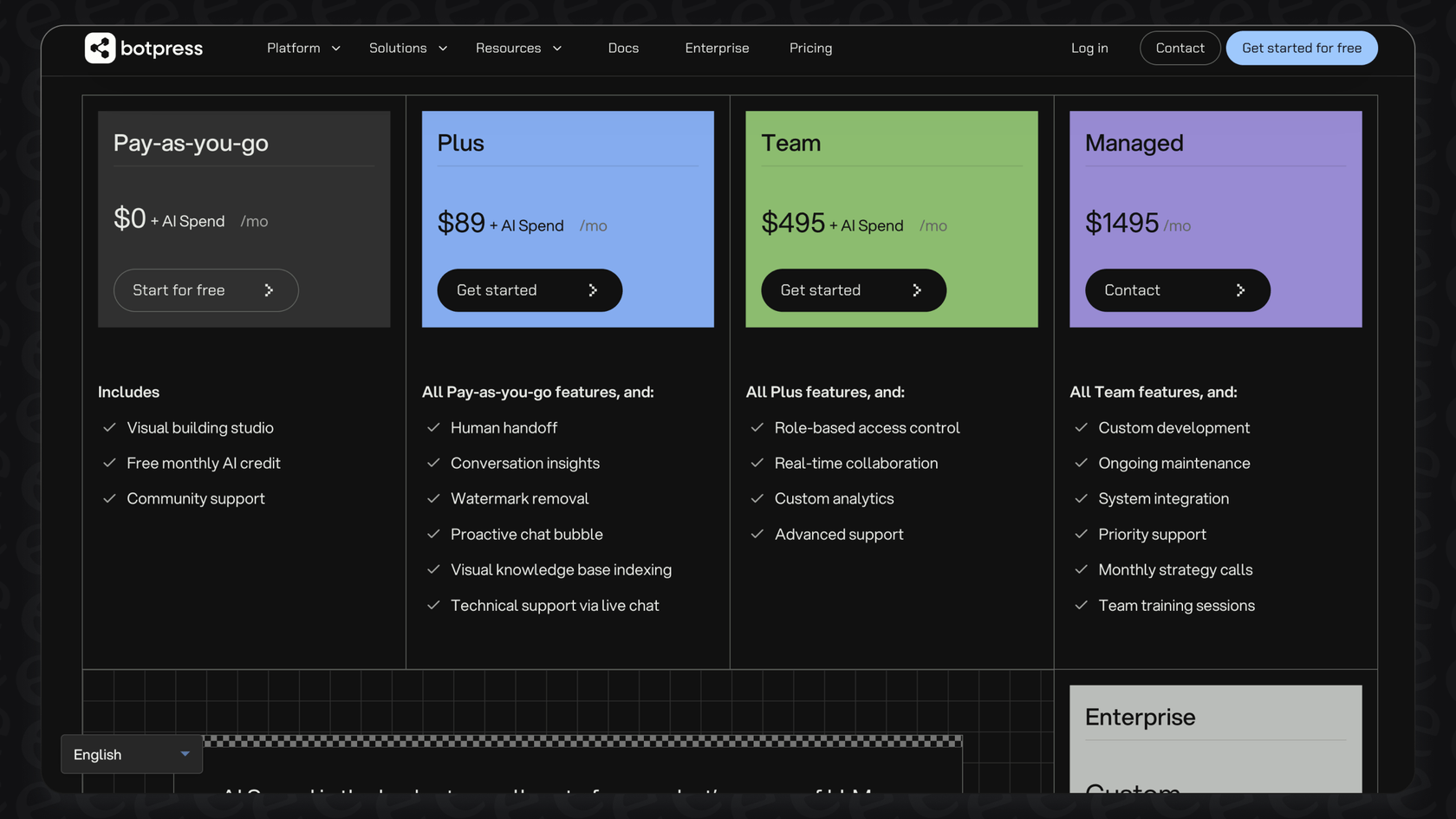 A screenshot showing the various Botpress pricing plans.
