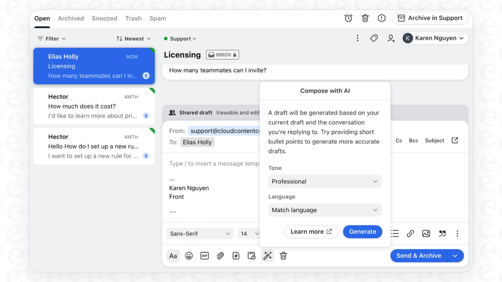 A screenshot showing the Front AI Compose Email feature being used to draft a response.