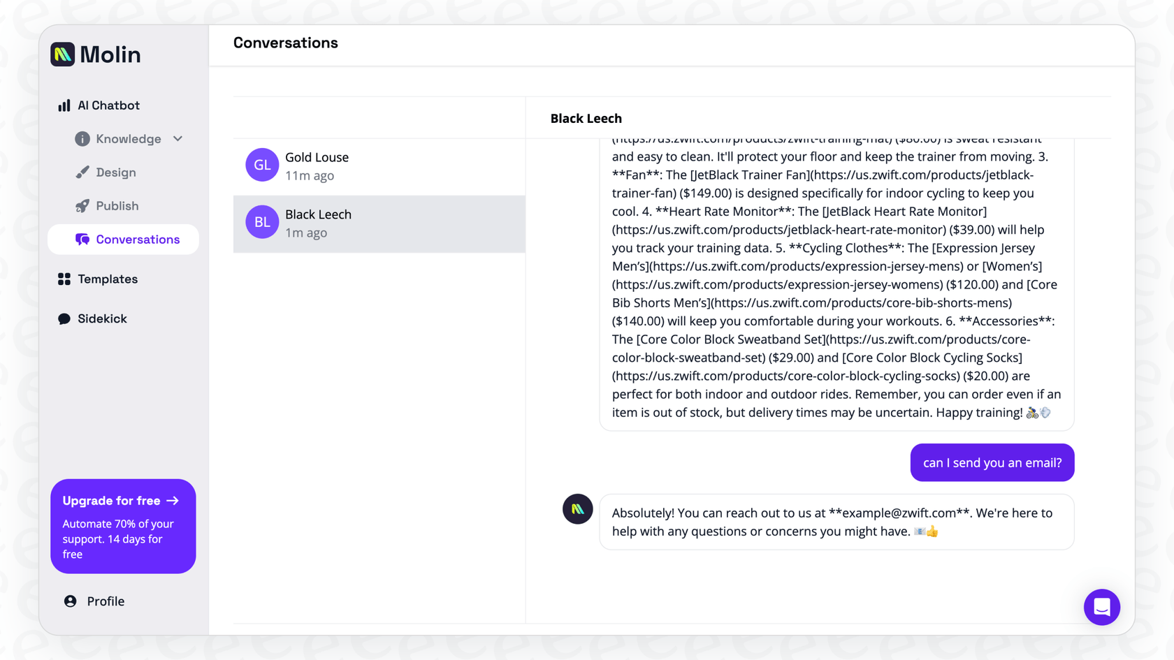 Screenshot of a user viewing conversations within the chatbot and the customers.