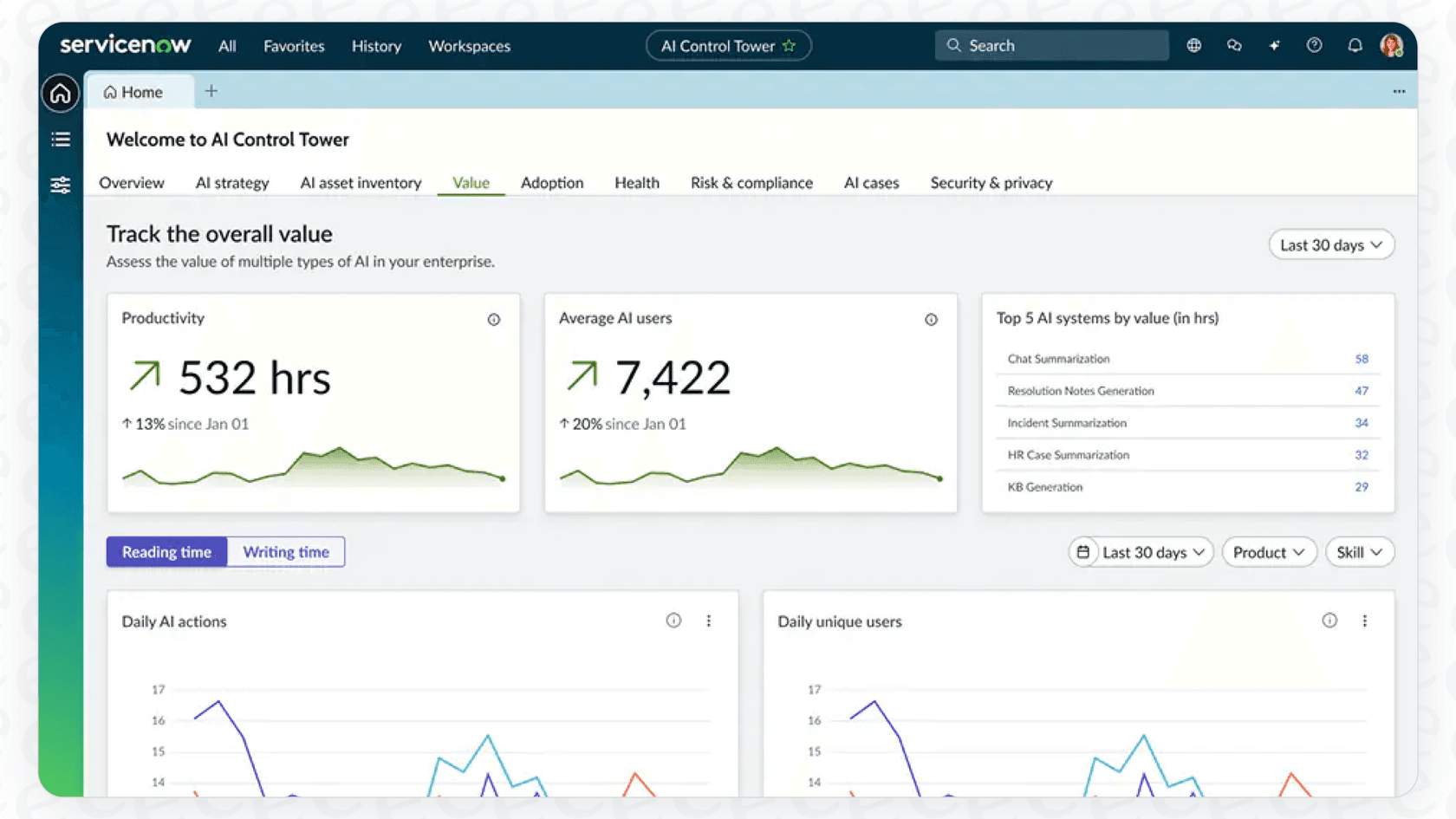 The ServiceNow AI Control Tower provides a centralized view of all AI projects, a key feature of its integrated ServiceNow AI Platform Workflows.