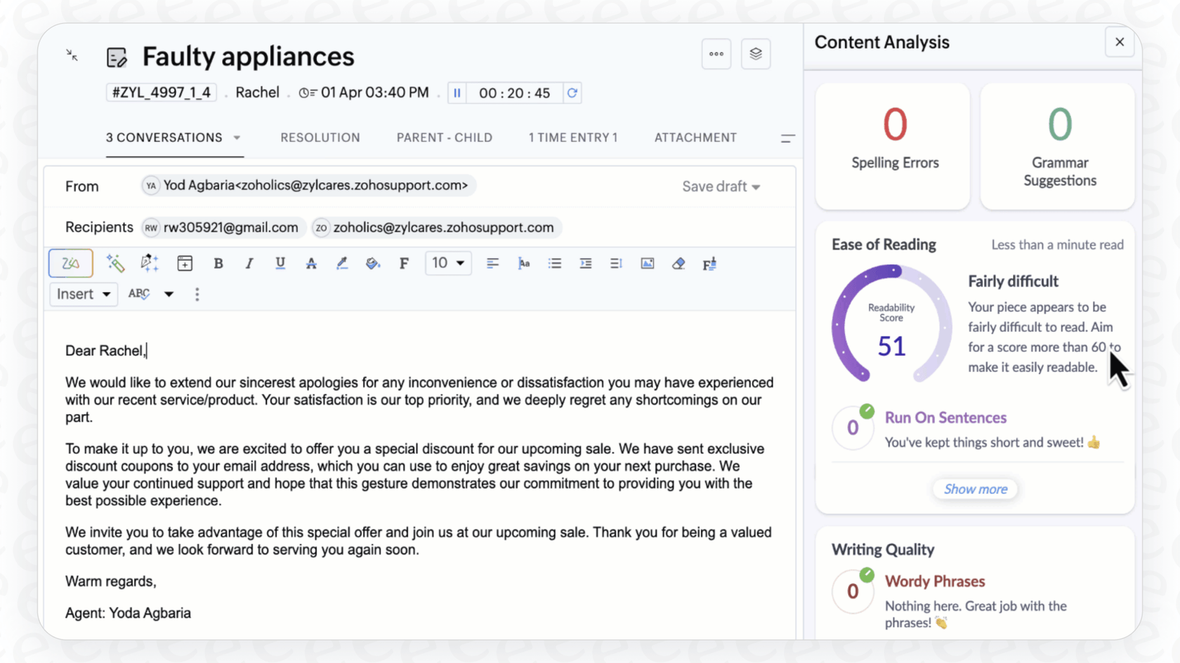 The Zoho Desk Zia Writing Assistance Content Analysis tool showing a readability score for a support ticket response.