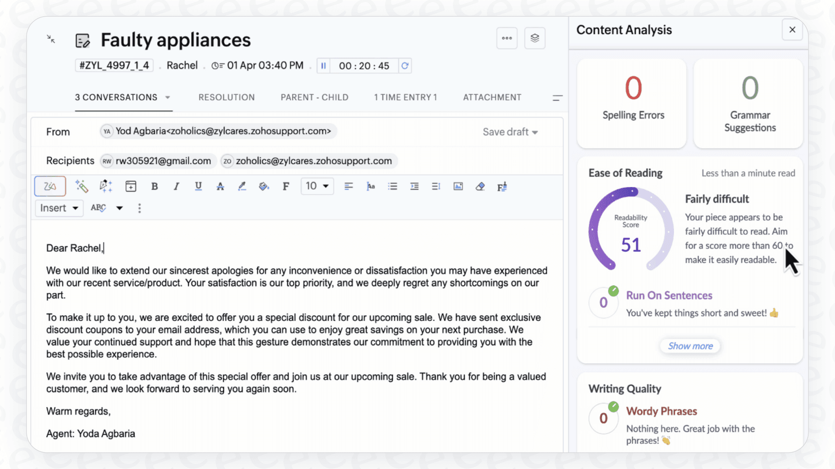 A view of the Zoho Desk Zia Content Analyzer suggesting writing improvements to a support agent.