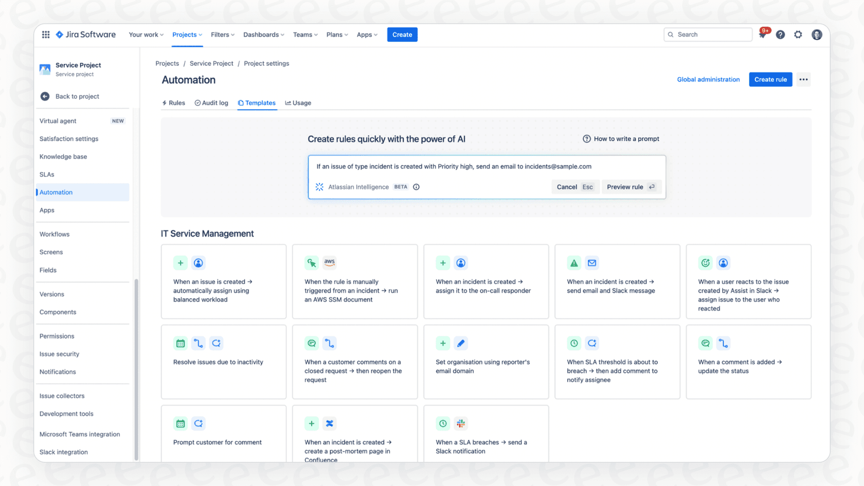 Ein Benutzer demonstriert, wie Atlassian Intelligence KI-Automatisierungsregeln erstellt werden können, indem ein einfacher Satz in die Benutzeroberfläche eingegeben wird.