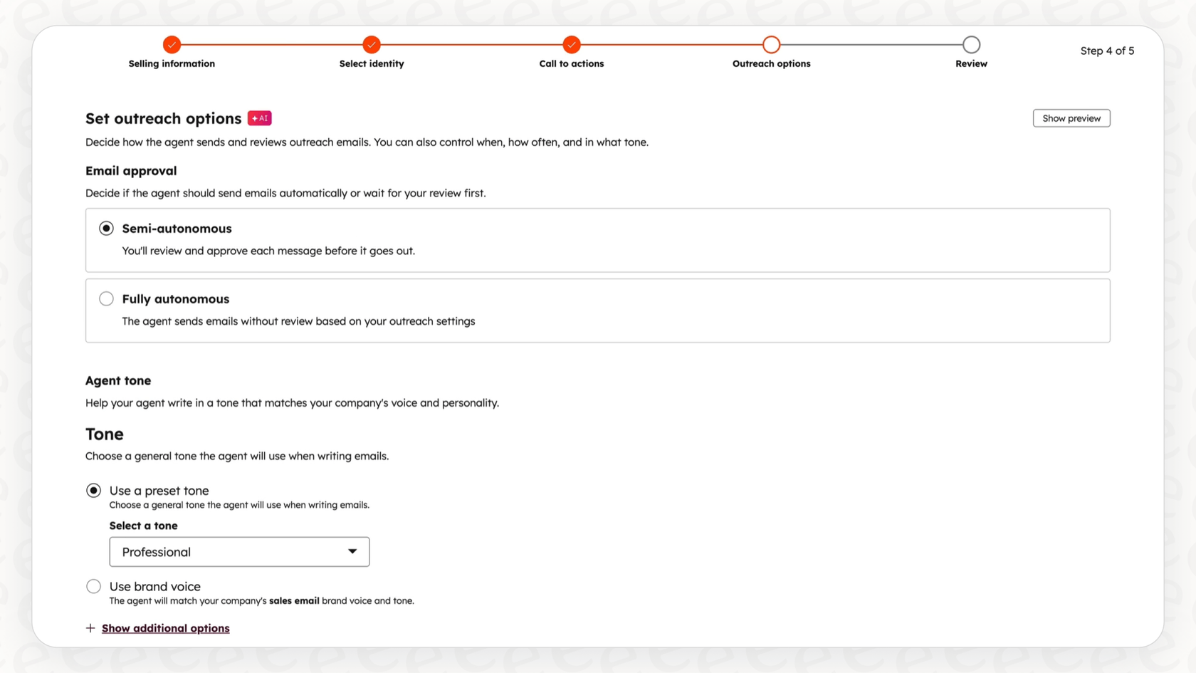 Breeze プロスペクティングエージェントのアウトリーチオプションのスクリーンショット