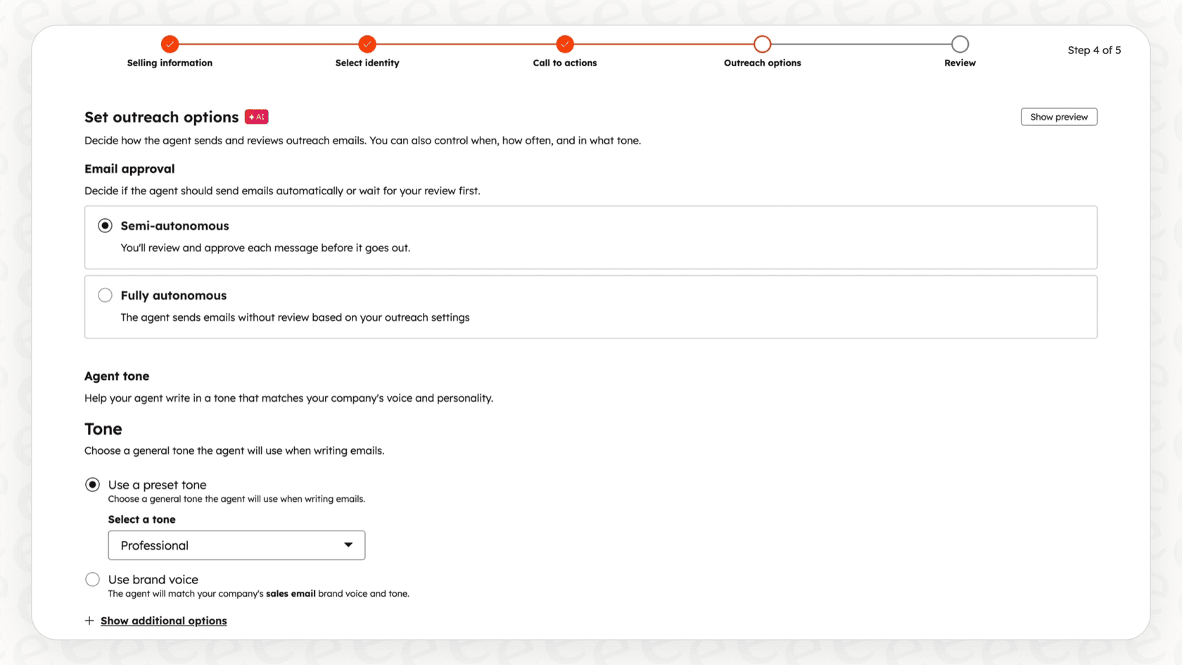 Screenshot of Outreach options in Breeze Prospecting Agent