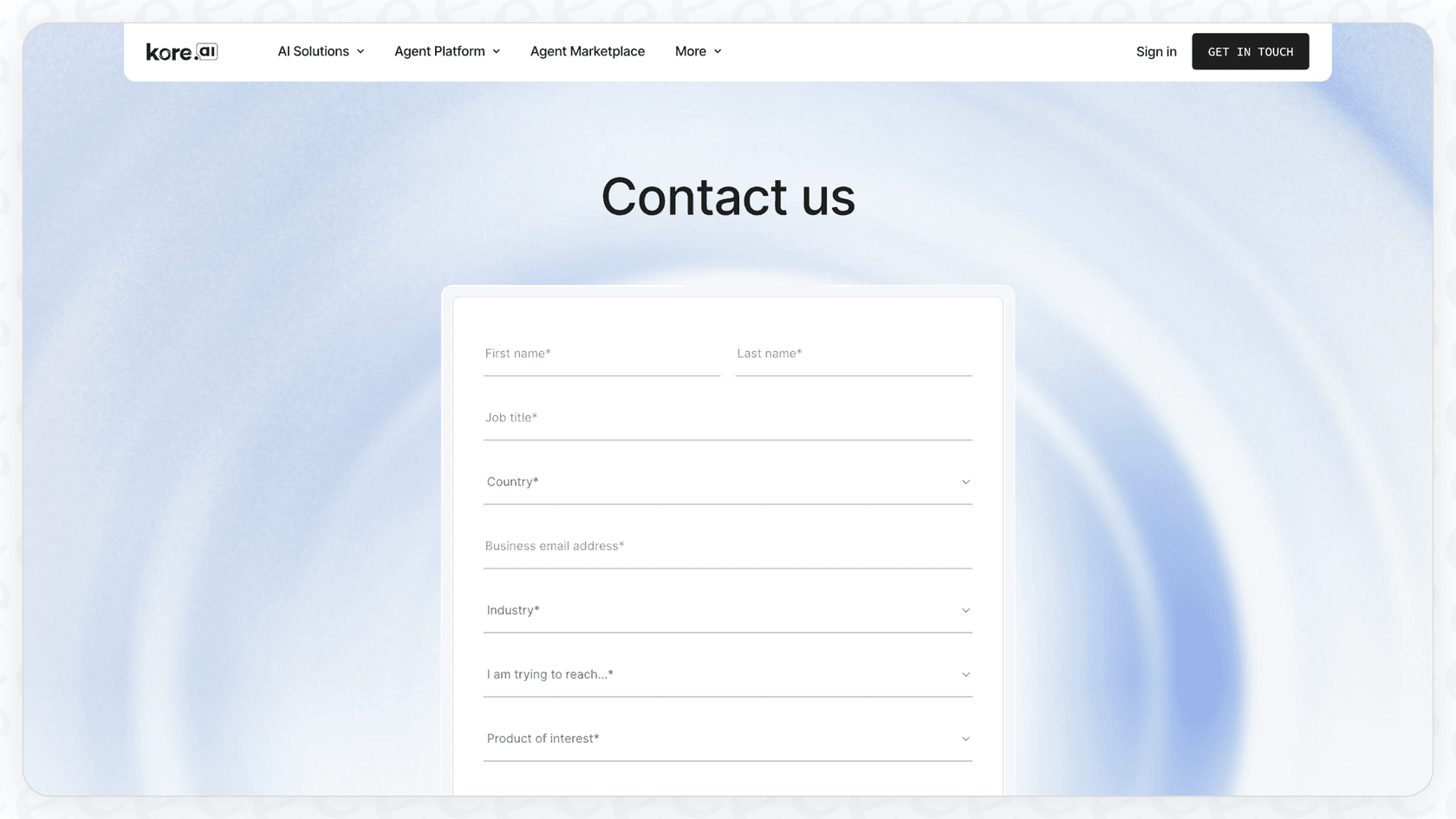 A screenshot of Contact us page instead of a public pricing page to access Kore.ai