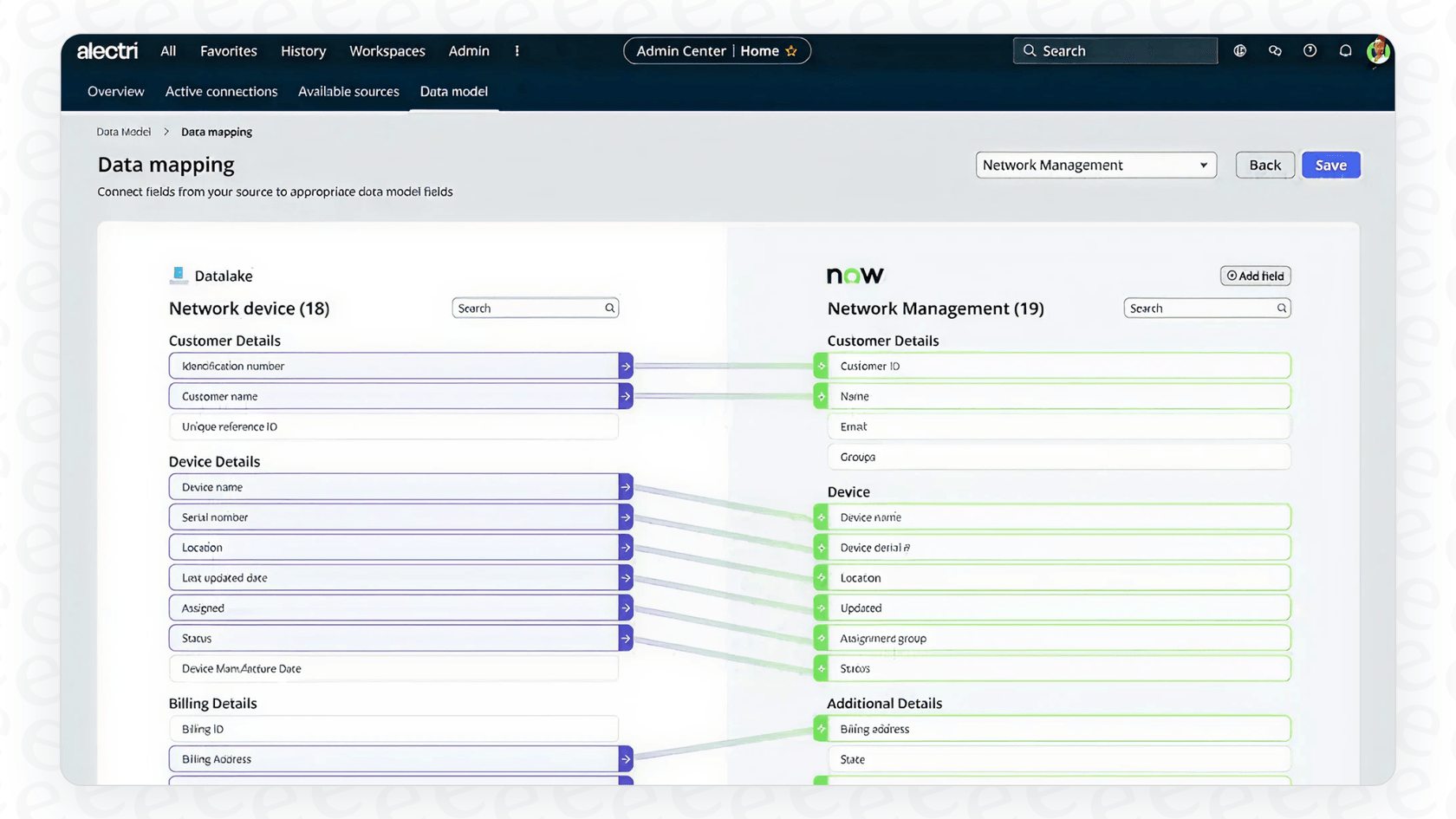 A view of the data mapping feature in ServiceNow AI Workflow Data Fabric