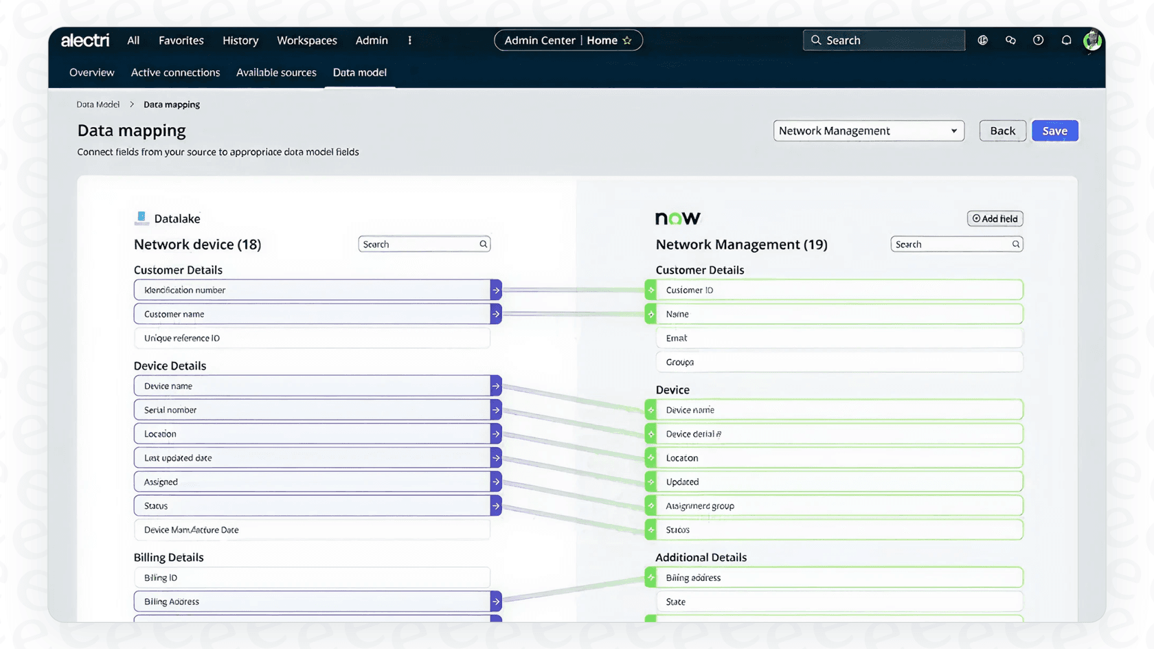 A view of the data mapping feature in ServiceNow AI Workflow Data Fabric