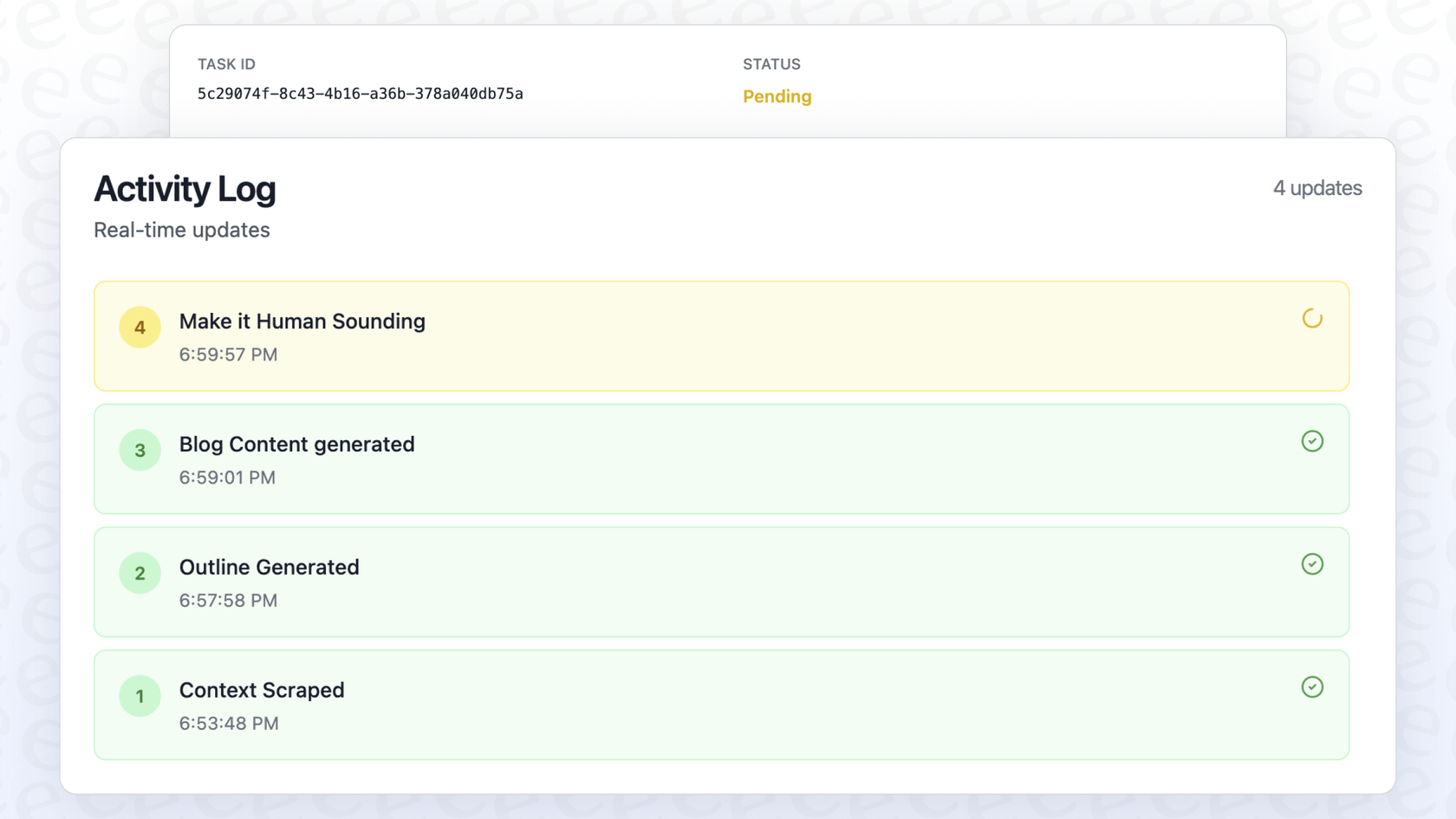 ブログ生成プロセスへのリアルタイム更新を示すeesel AIアクティビティログ