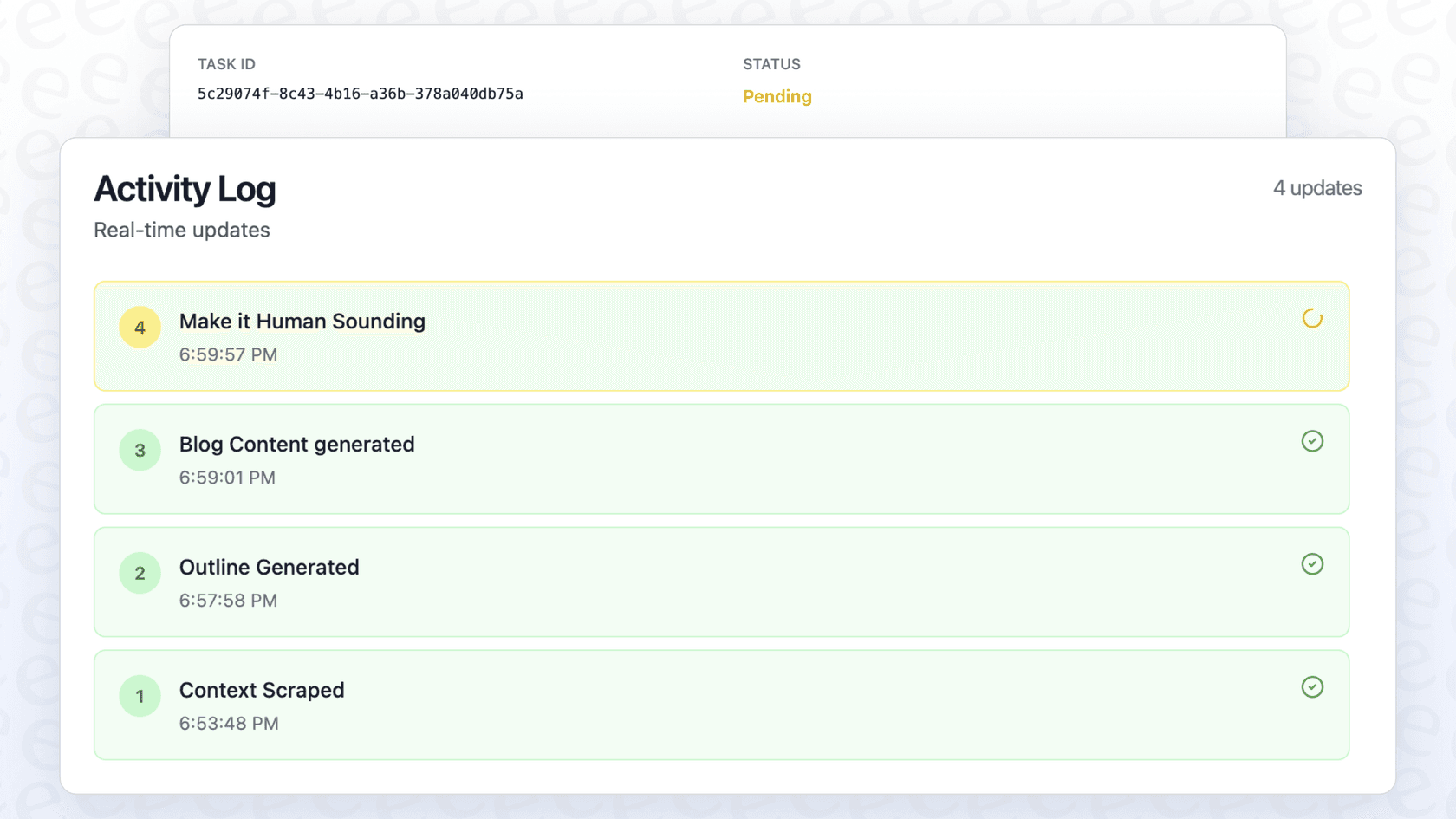 Log de atividades do eesel AI mostrando atualizações de processamento de tickets em tempo real