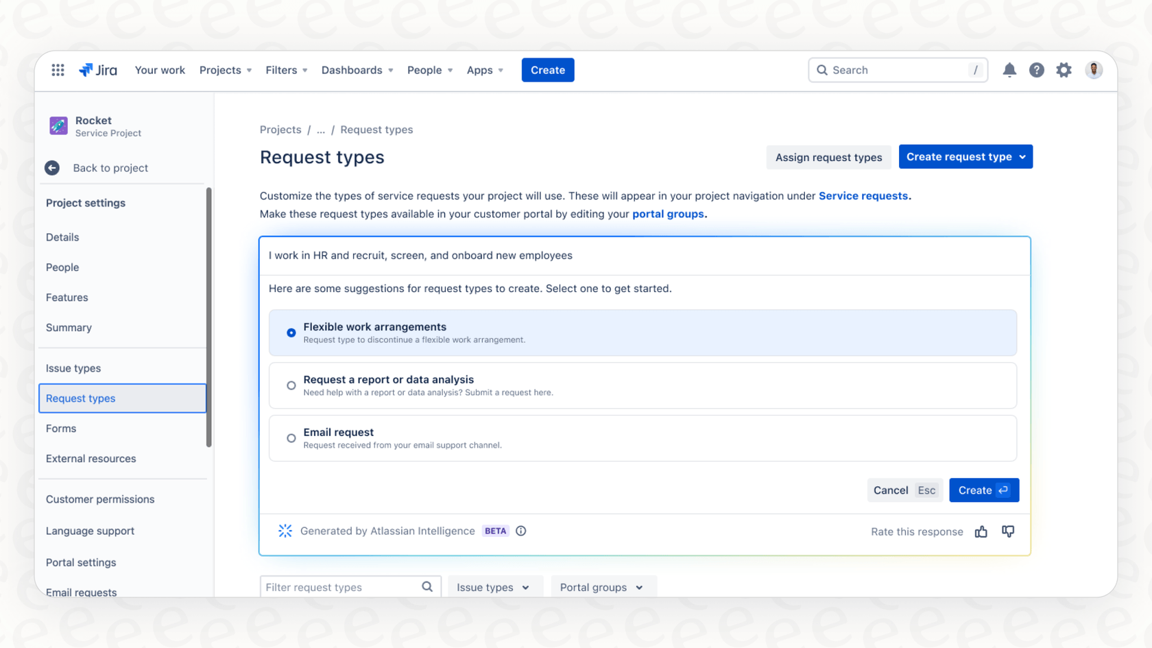 A user in JSM using the Atlassian Intelligence Suggest Request Types feature to generate a list of requests based on a text prompt.