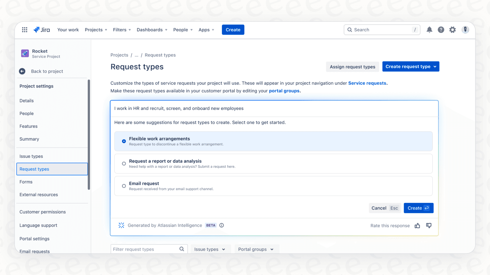 A user in JSM using the Atlassian Intelligence Suggest Request Types feature to generate a list of requests based on a text prompt.