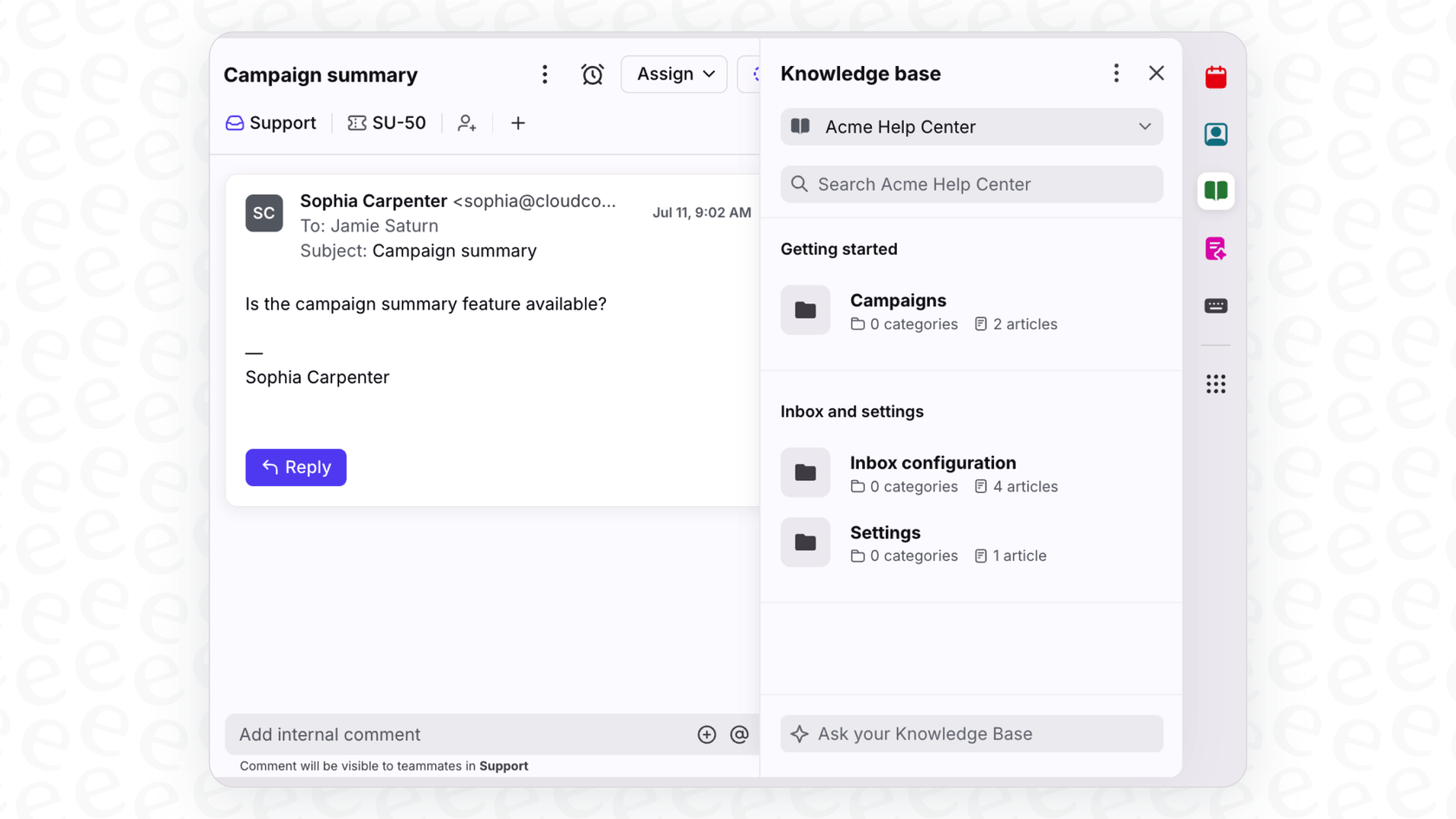 Screenshot der Front AI Ask Your Knowledge Base-Oberfläche, die einem Agenten hilft, eine Antwort zu finden.