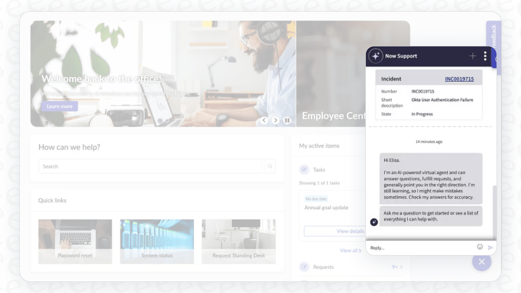 A user interacting with a ServiceNow AI agent through an employee portal, demonstrating one of the key ServiceNow AI Agent Tools.