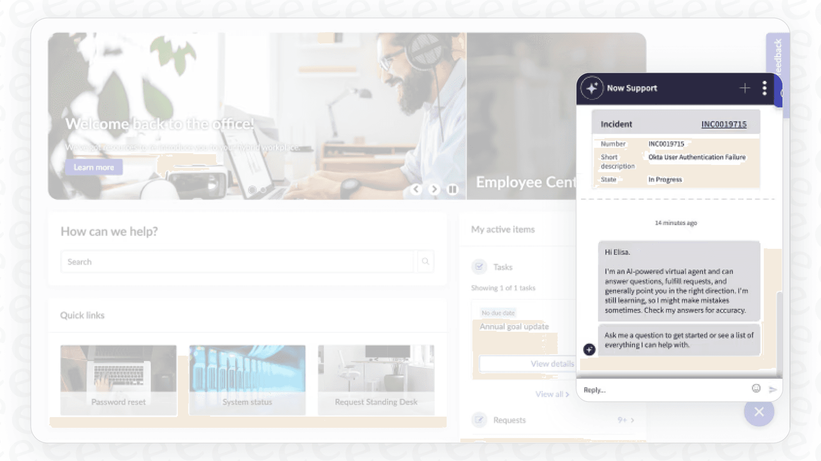 Um usuário interage com um agente de IA do ServiceNow, demonstrando o front-end dos Subfluxos do ServiceNow AI Agent.