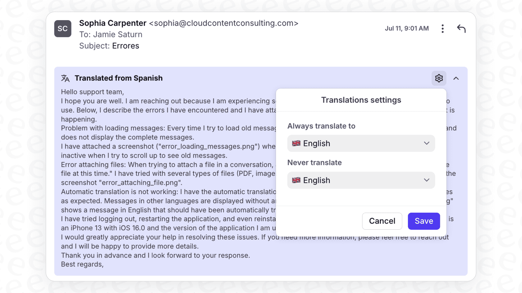 A demonstration of the translation capabilities in Front AI Compose Email.