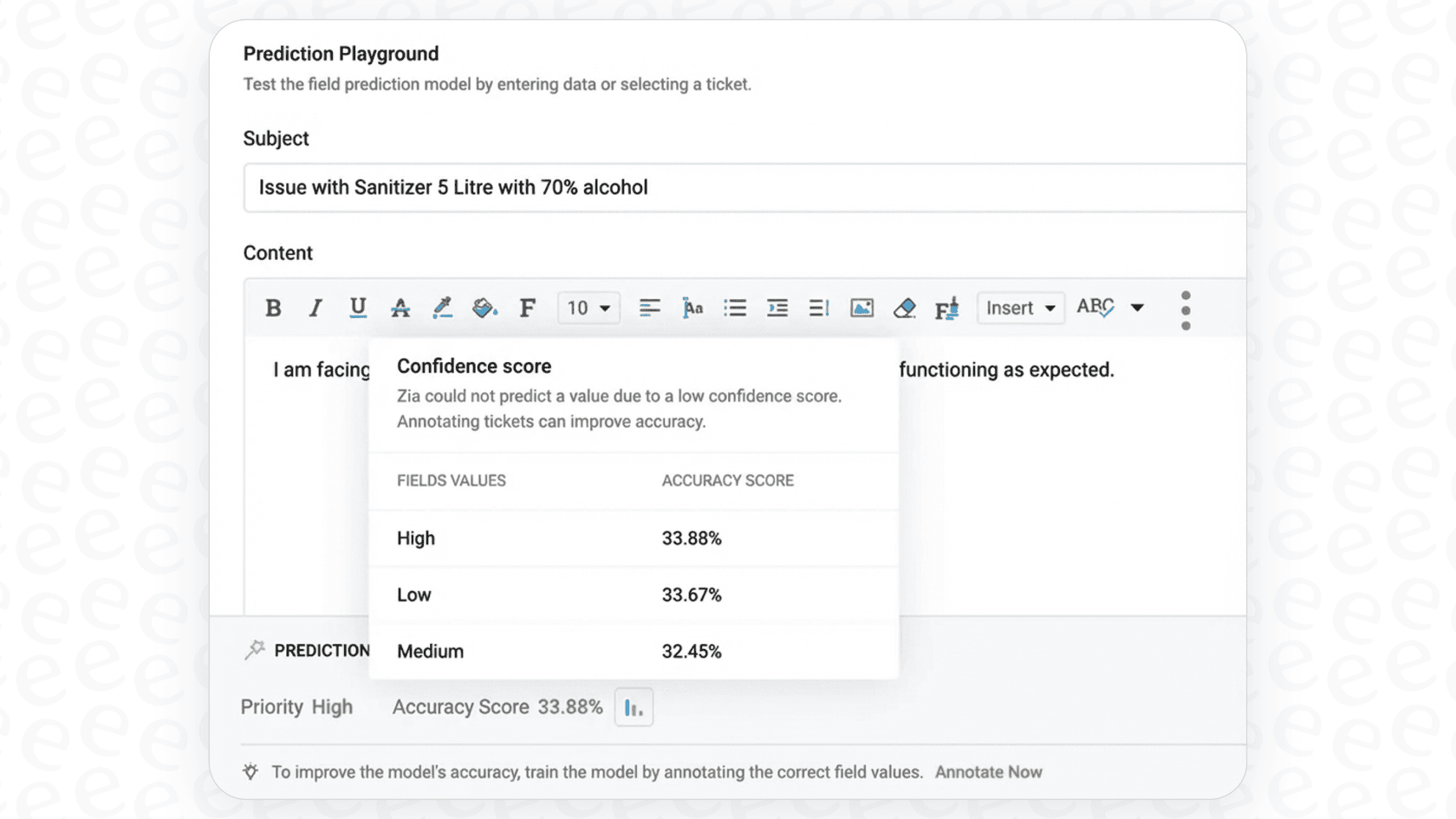 Zoho Desk Zia Predictive Analytics in the prediction playground, showing an error because of low confidence score.