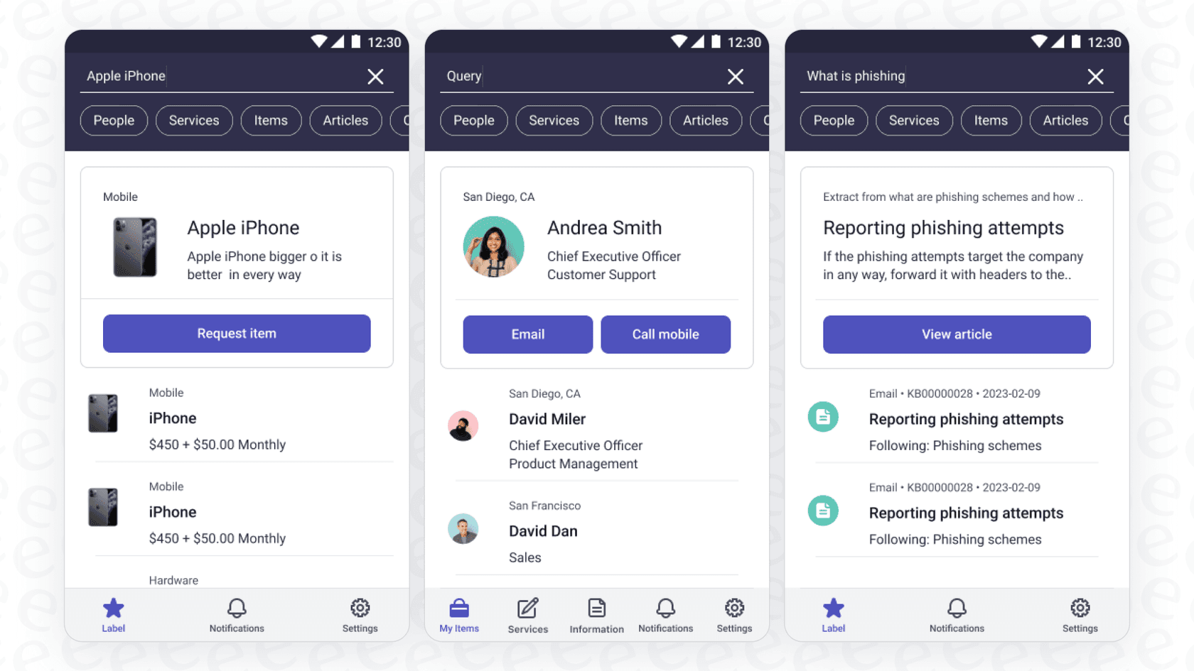 A visual guide to the types of ServiceNow AI Search Genius Results: Catalog Item, Q&A, NLQ, and People, with icons for each.