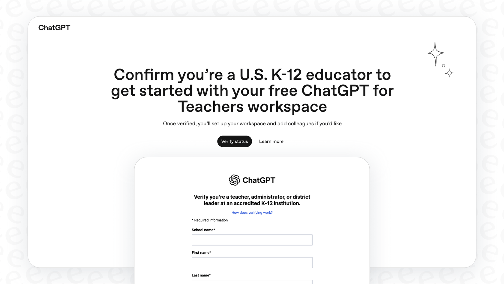 Verifying educator status to claim free ChatGPT for Teachers.