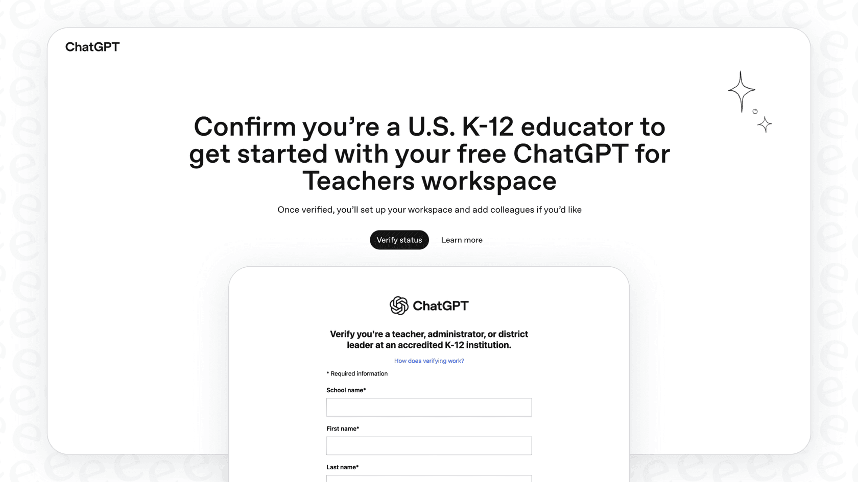 Verifying educator status to claim free ChatGPT for Teachers.