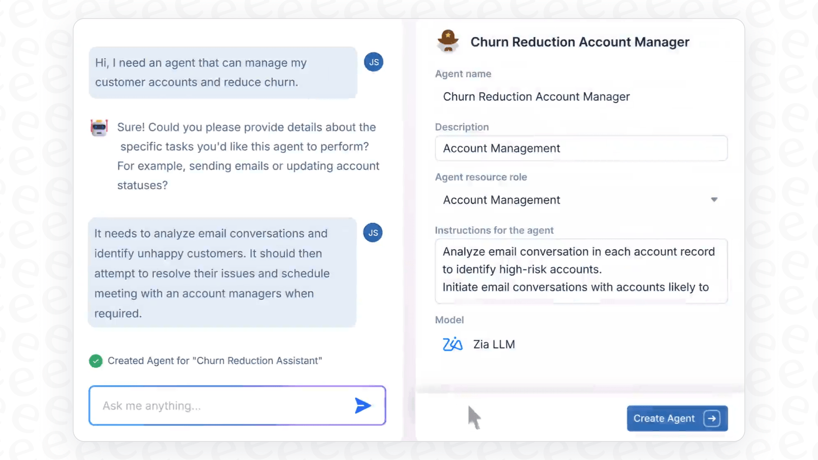 A user building custom Zoho Desk Zia Agents in the low-code builder.