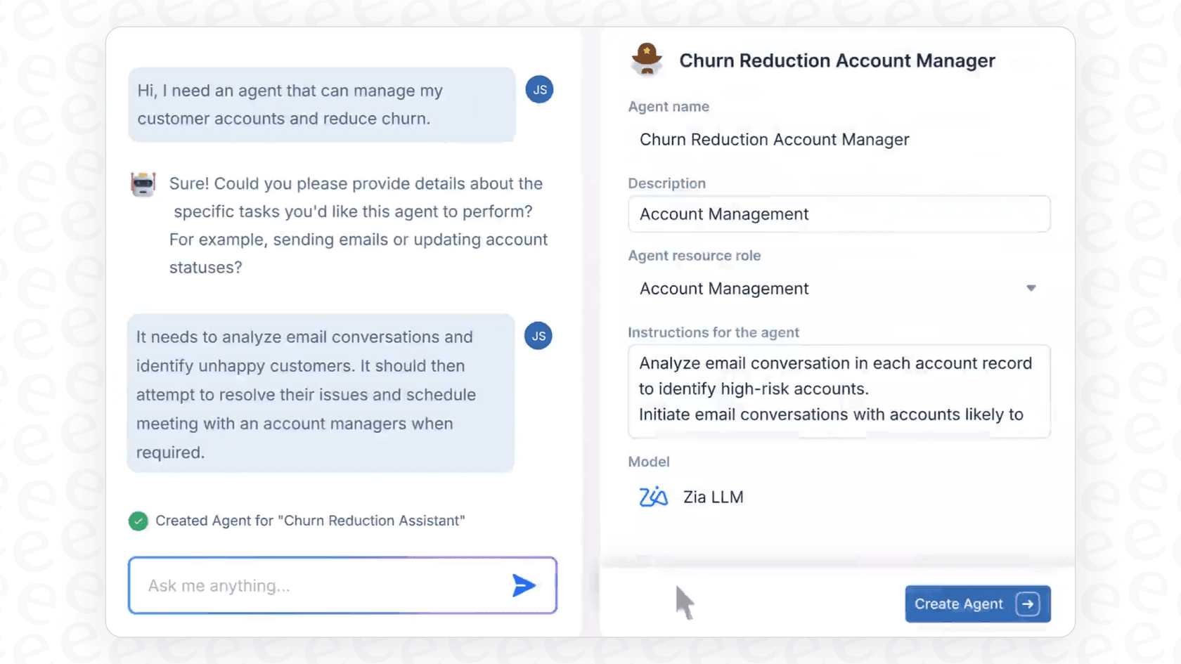 A user building custom Zoho Desk Zia Agents in the low-code builder.