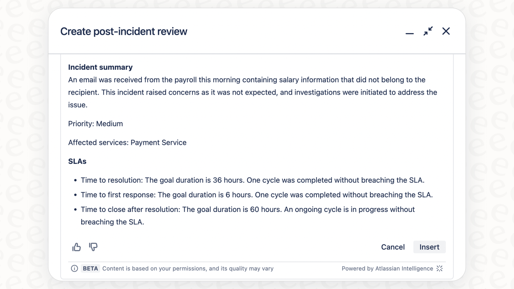 A draft of a Post-Incident Review in Confluence generated by Atlassian Intelligence, showing details pulled from a JSM incident.
