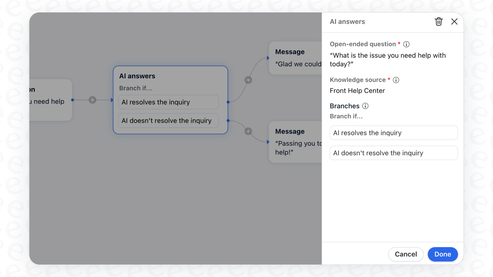 Front AI AI Answers in a workflow, showing branch if logic for open ended questions