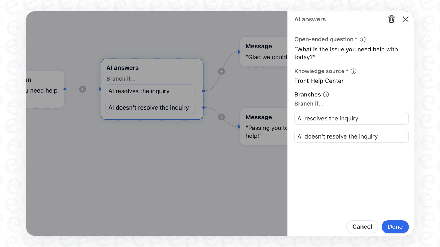 Front AI AI Answers em um fluxo de trabalho, mostrando a lógica de ramificação para perguntas abertas