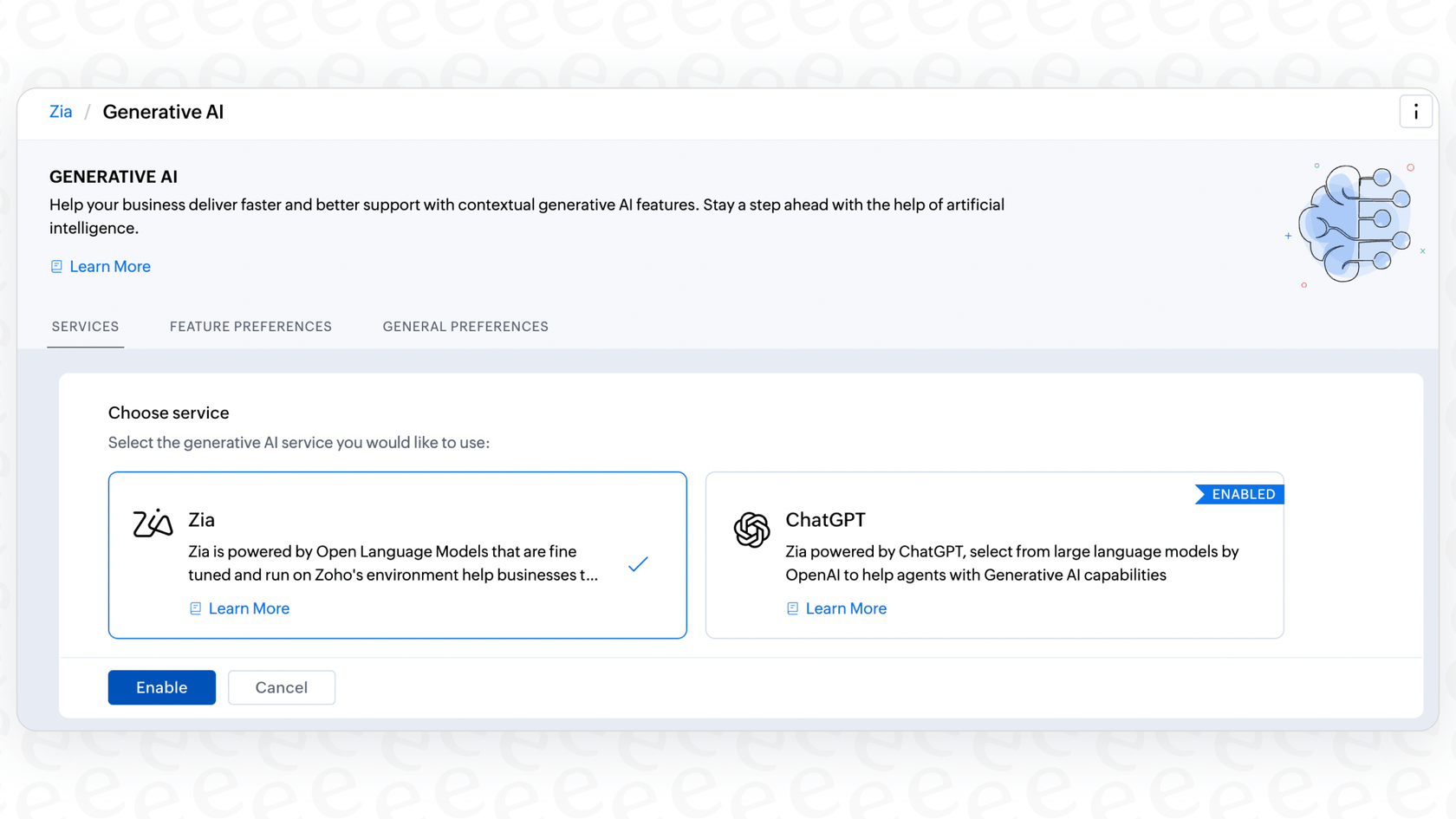 Zoho Desk Generative AI setup, allowing the user to choose Zia service or ChatGPT.