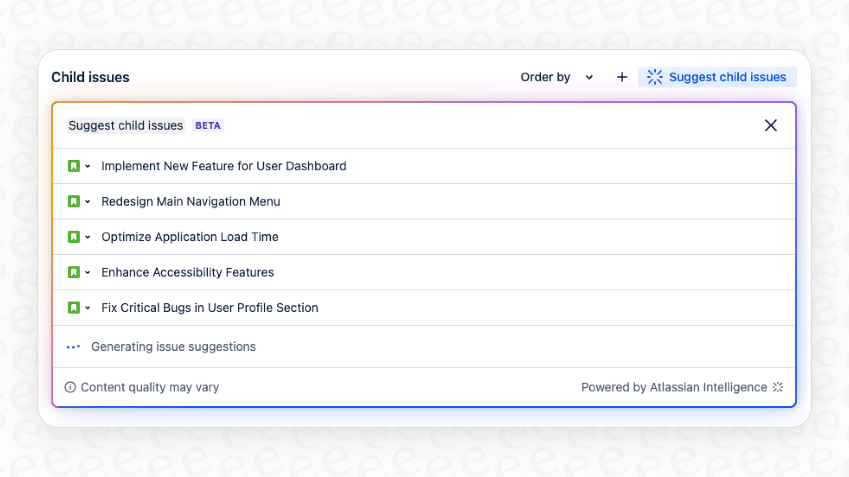 A view of the Atlassian Intelligence AI in Jira feature that automatically suggests breaking down a large task into smaller ones.
