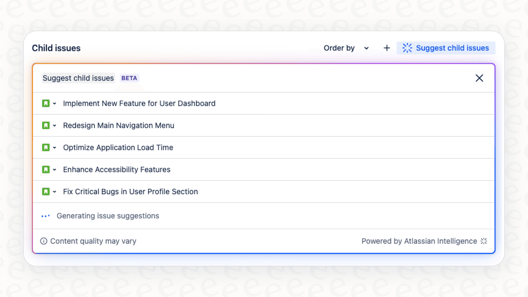Eine Ansicht der Atlassian Intelligence KI-Funktion in Jira, die automatisch vorschlägt, eine große Aufgabe in kleinere zu unterteilen.