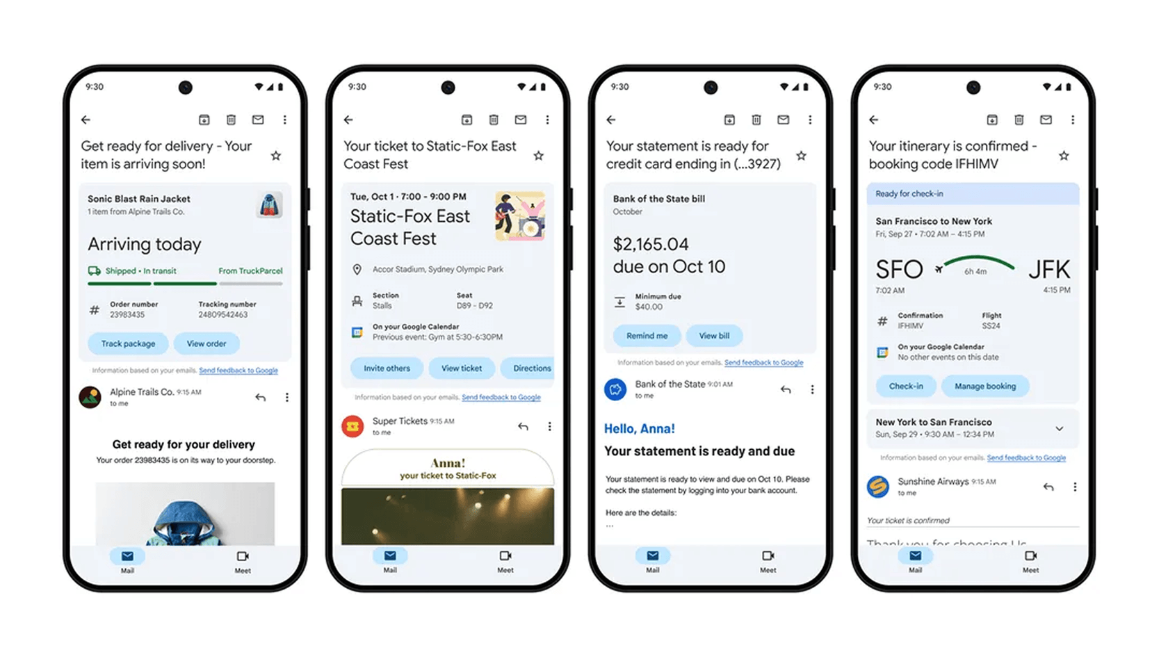 A screenshot showing various examples of Gmail Summary Cards for purchases, travel, and events to illustrate how they work.