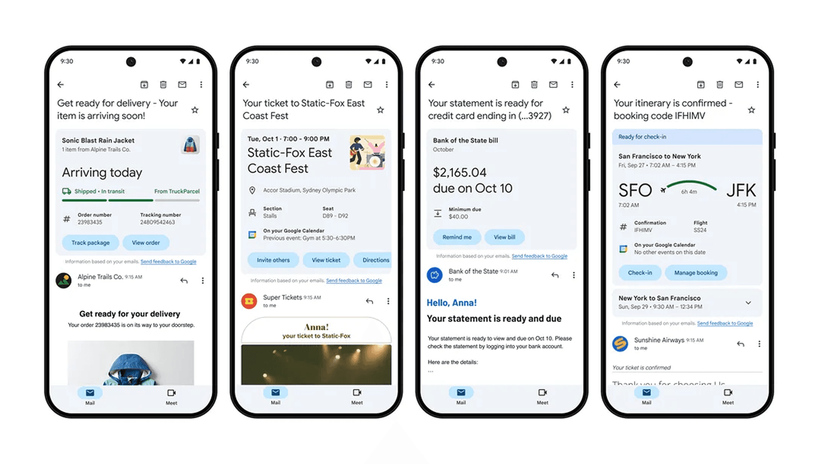 A screenshot showing various examples of Gmail Summary Cards for purchases, travel, and events to illustrate how they work.