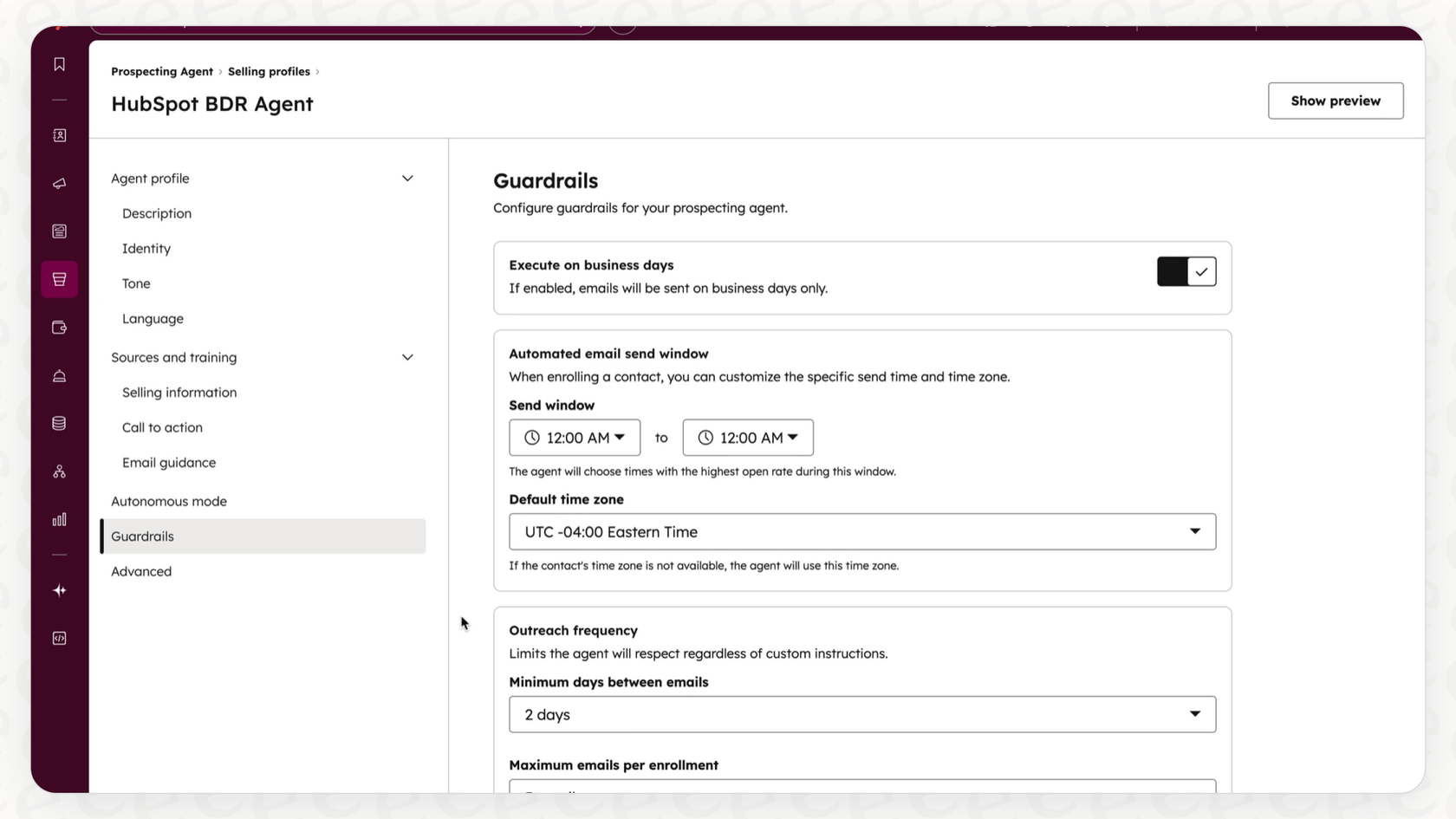 プロスペクティングエージェントのガードレールのスクリーンショット