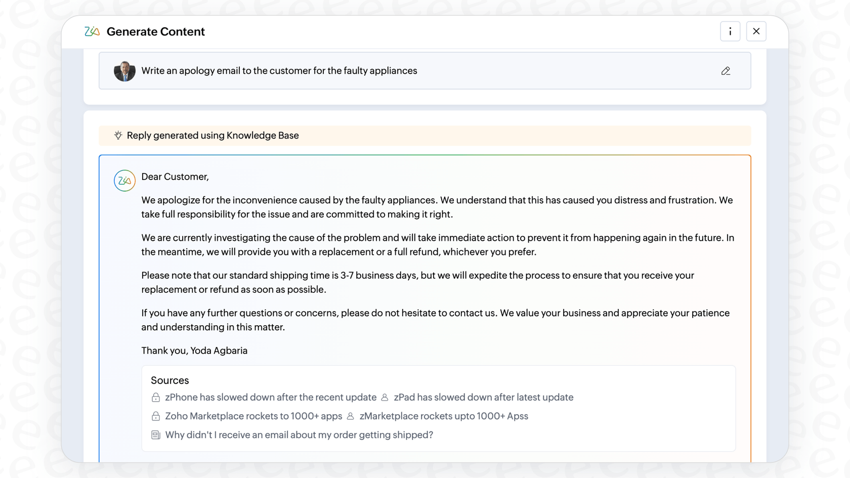 A screenshot of the Zoho Desk AI interface where Zia suggests replies, summarizes tickets, and checks grammar for a support agent.
