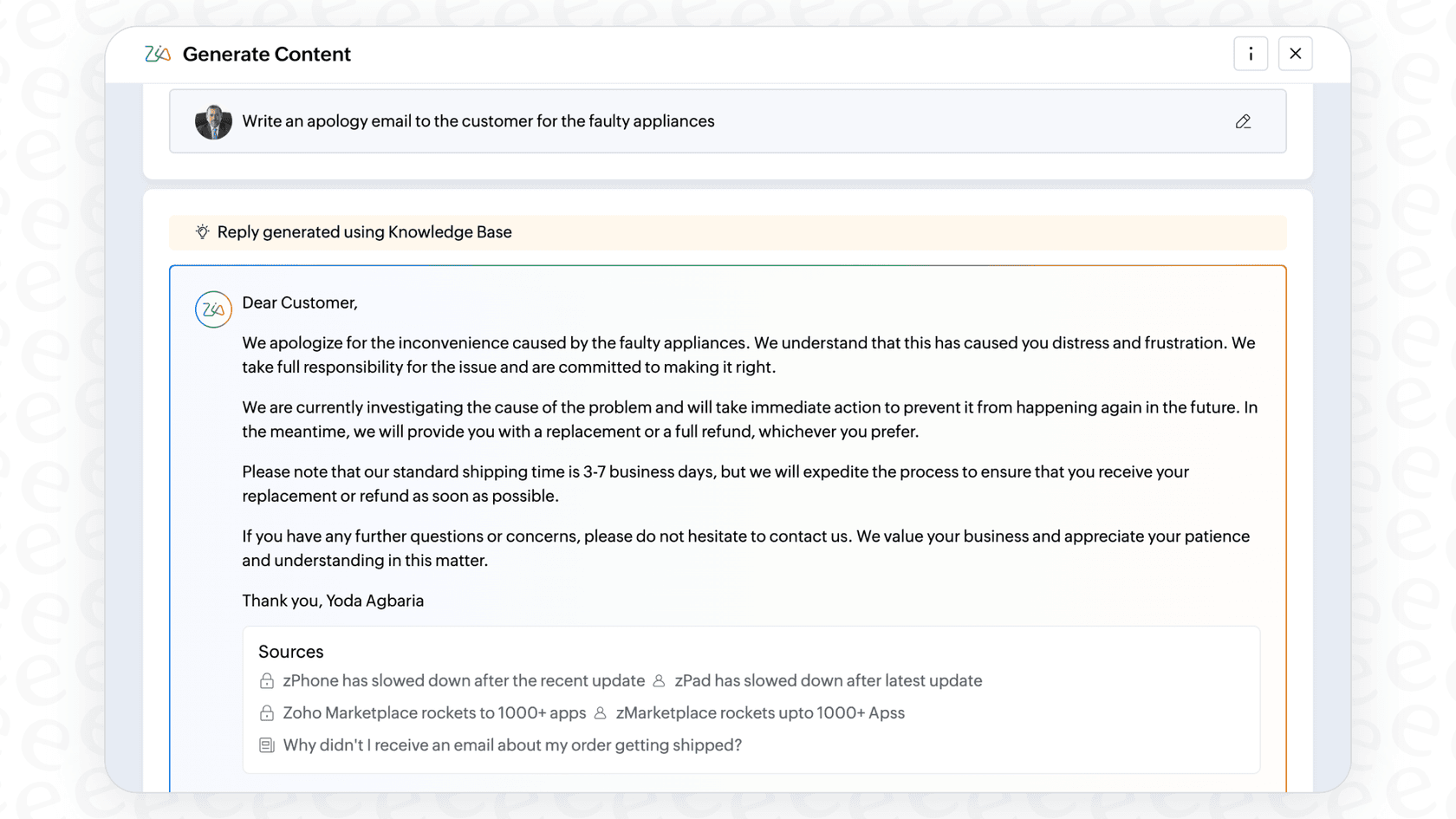 A screenshot of the Zoho Desk AI interface where Zia suggests replies, summarizes tickets, and checks grammar for a support agent.