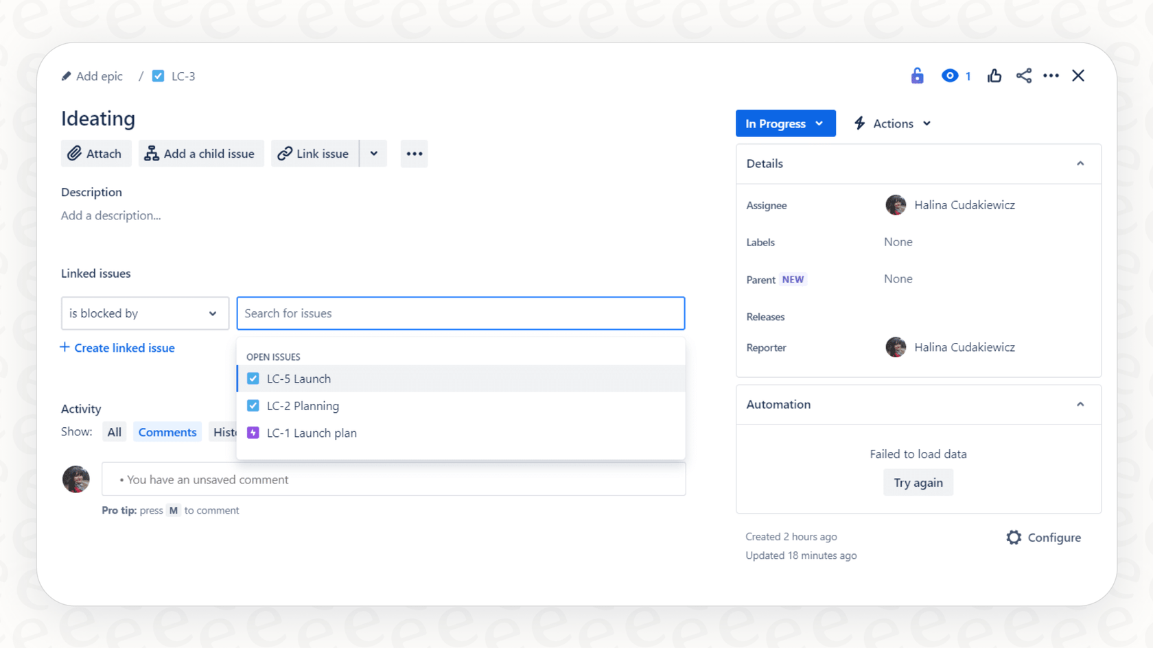 A view of a Jira ticket where the Atlassian Intelligence link similar work items feature is active, displaying a list of similar issues for agent context.