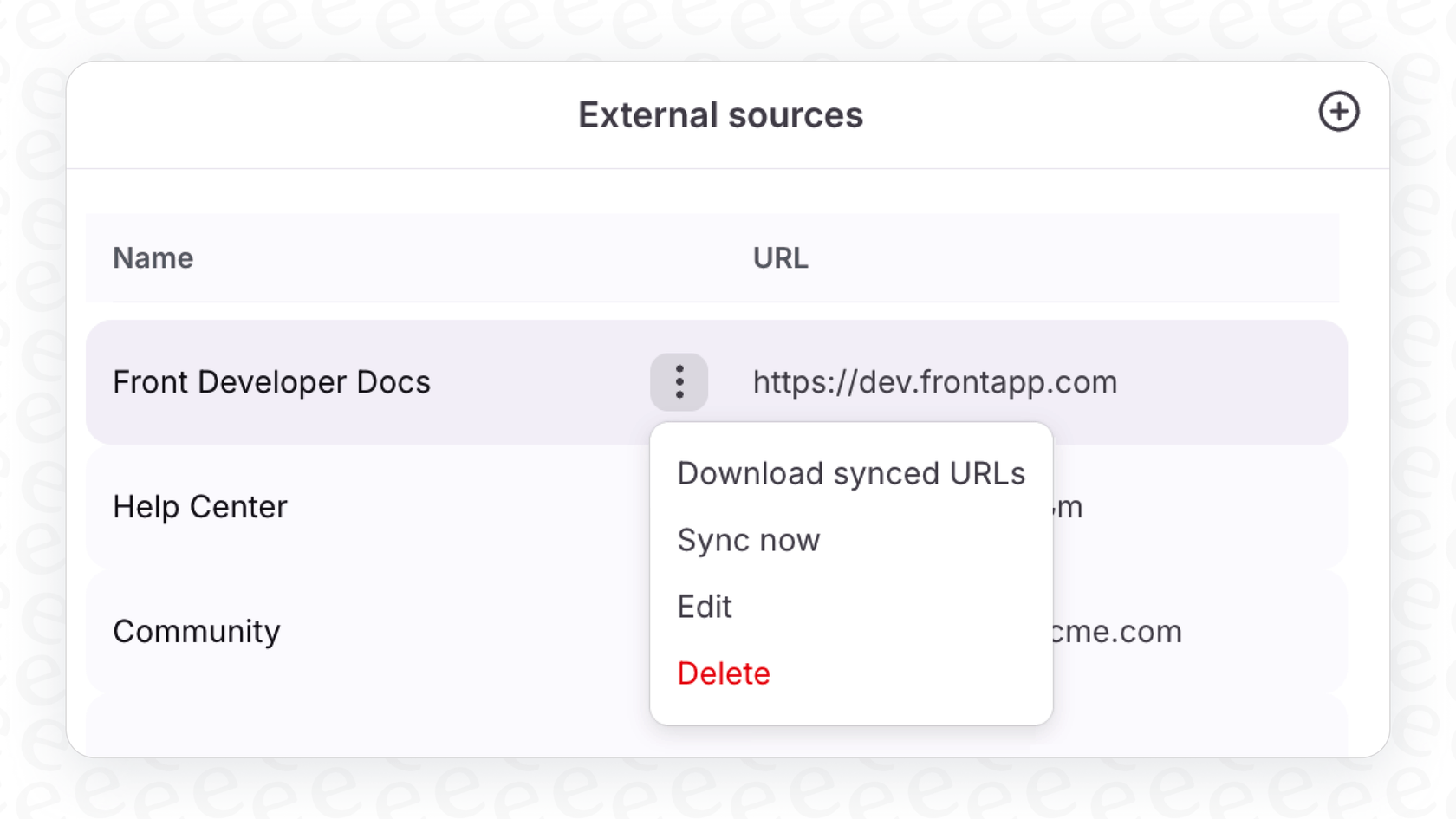 A user interface showing the setup for Front AI External Knowledge Sources.