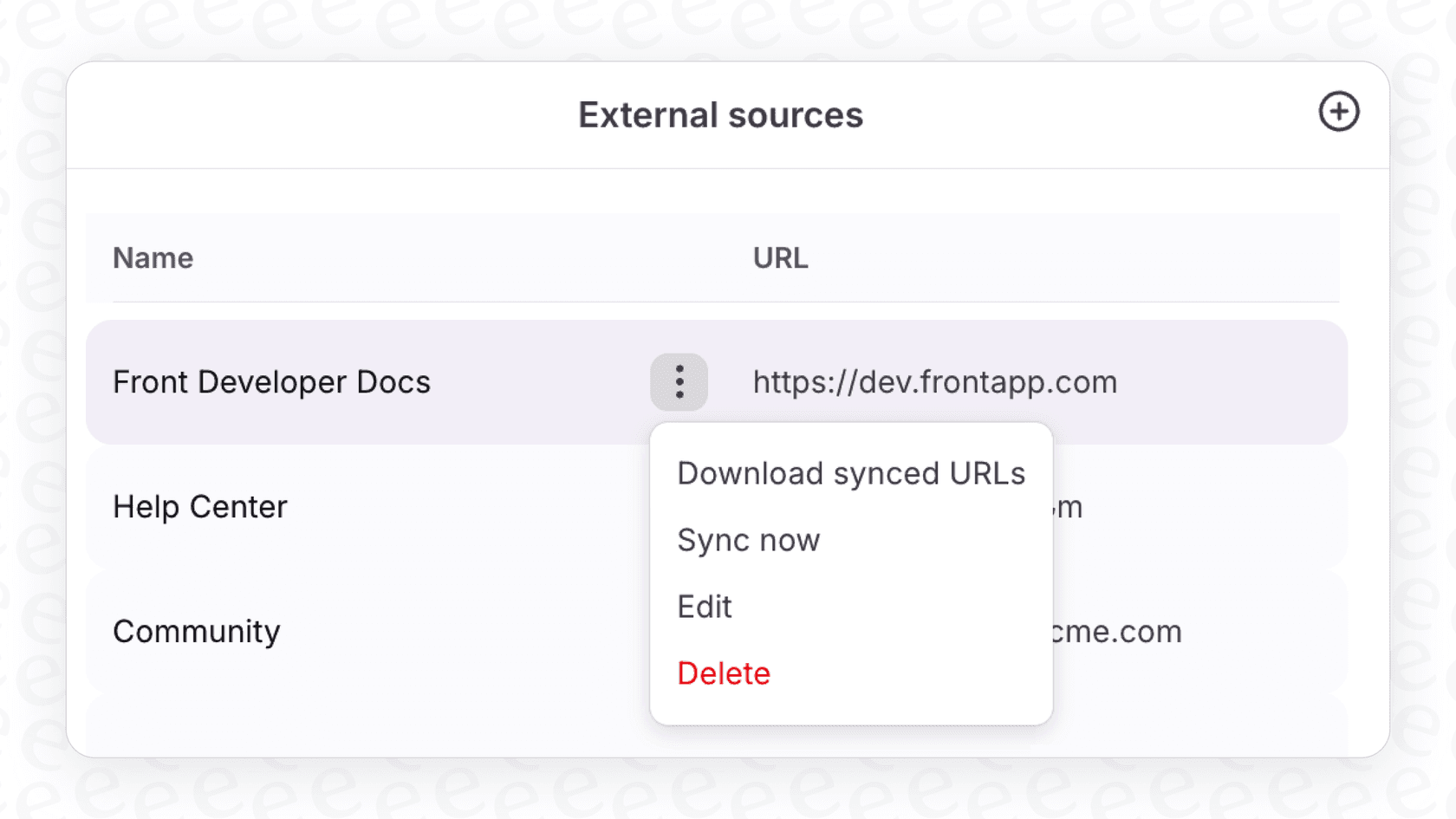 A user interface showing the setup for Front AI External Knowledge Sources.