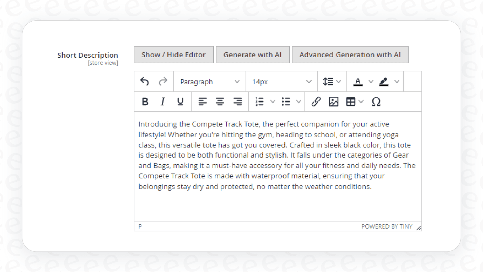 A screenshot showing the interface of a Magento AI Content Generator automatically creating product descriptions.