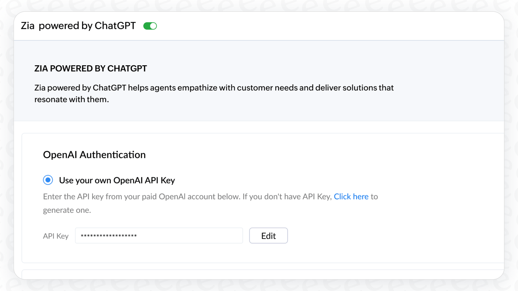 A user configuring the Zoho Desk Zia integration with OpenAI by adding an API key and choosing a language model.