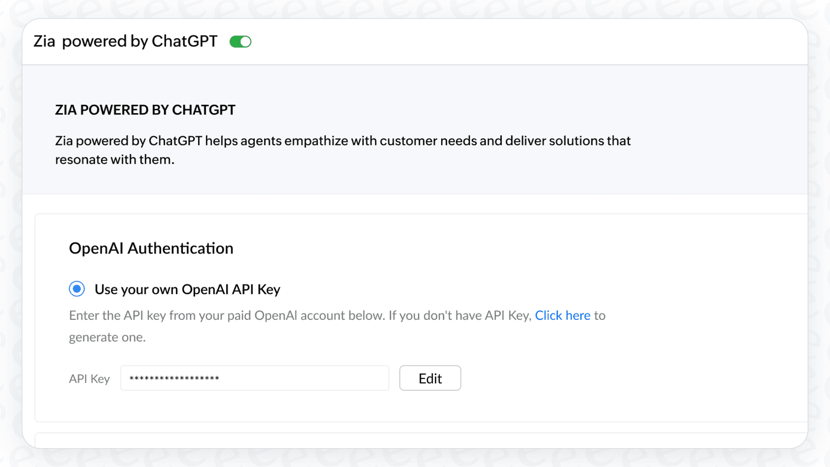 The setup challenge for the Zoho Desk Zia Summary, showing the integration steps for OpenAI.